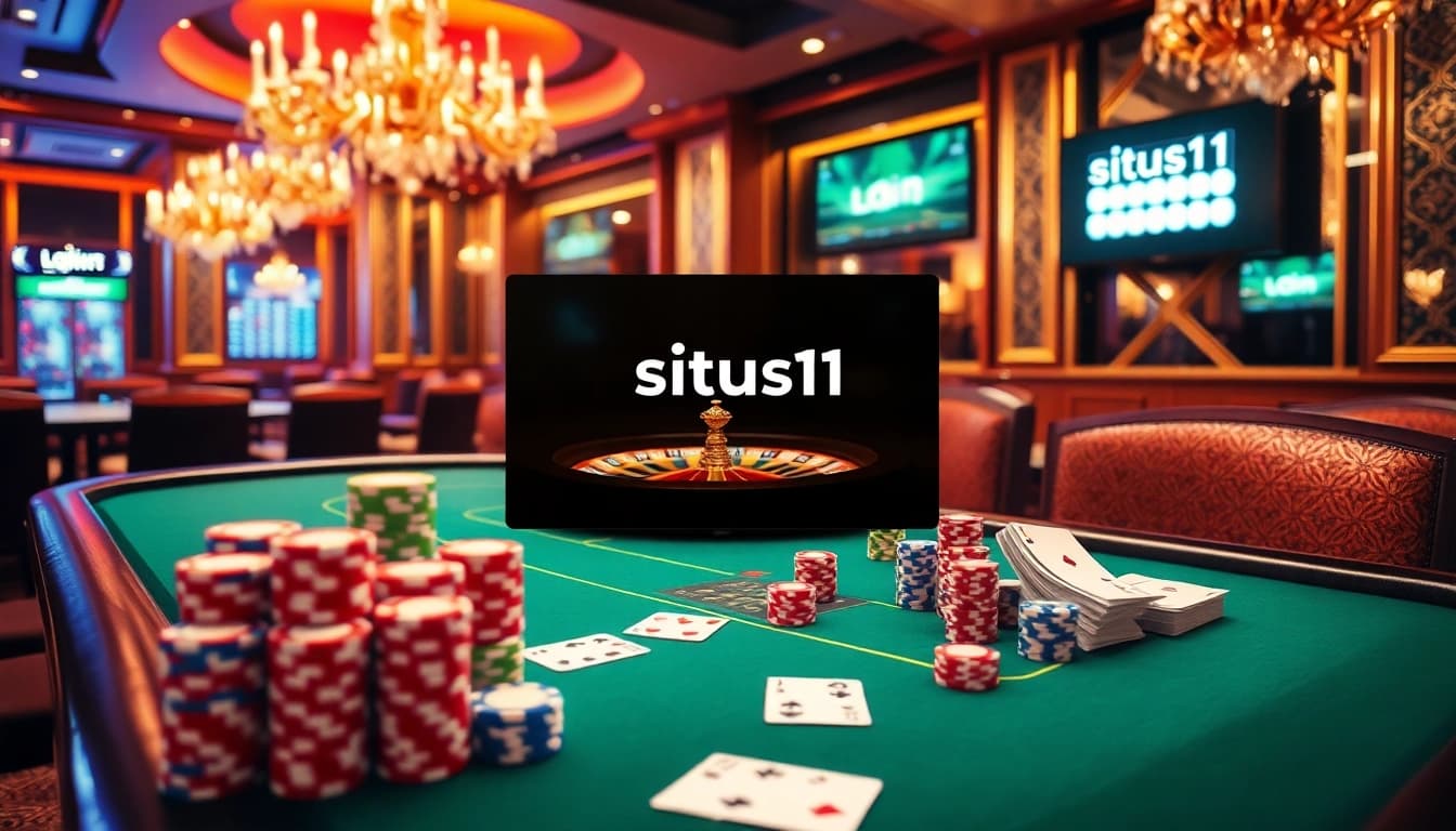 Engage with the situs11 login page while enjoying a luxurious casino atmosphere filled with poker chips and slots.