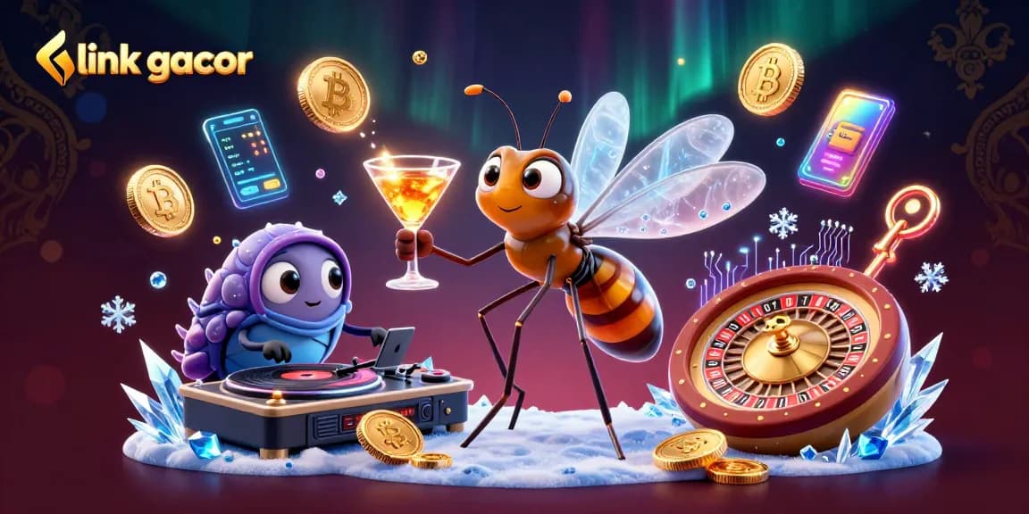 Spin the link gacor at a vibrant casino scene featuring a frozen mosquito mascot and more.