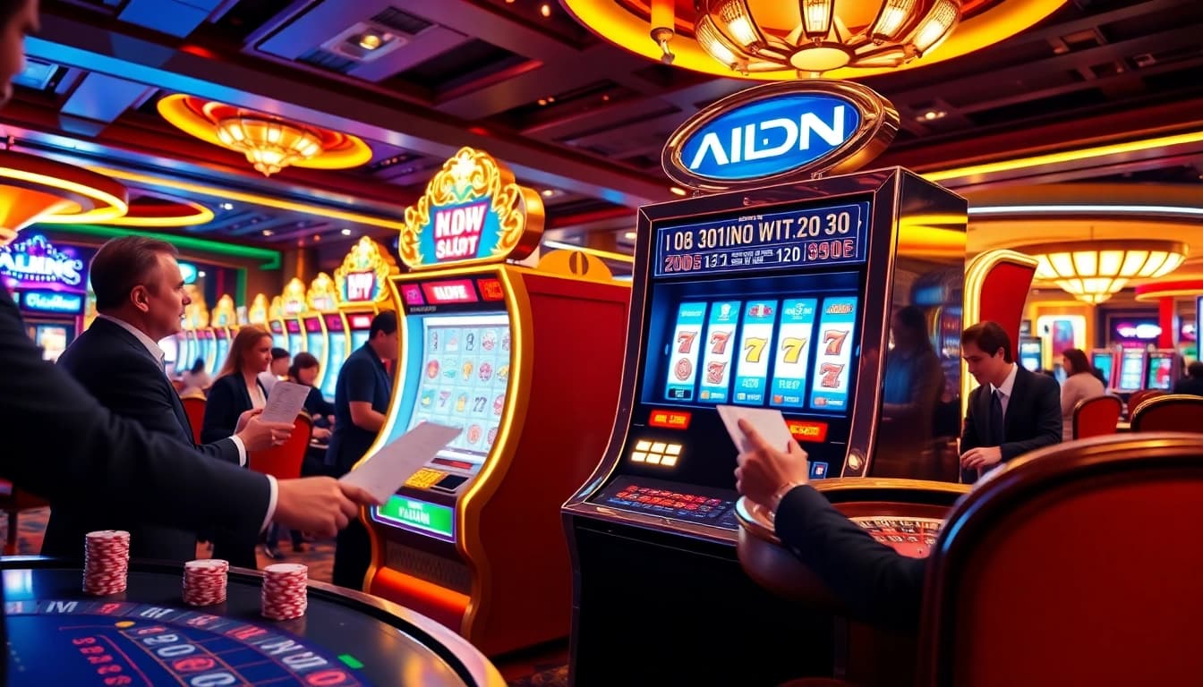 Experience the excitement of idn slot action with players celebrating wins at a vibrant casino.