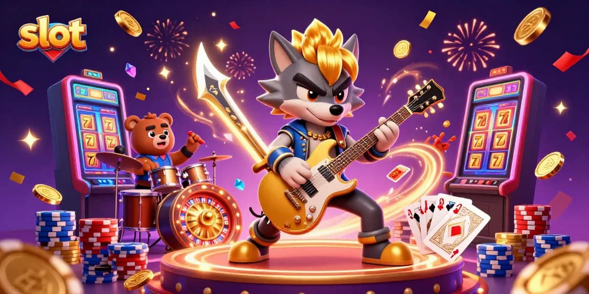 Experience thrilling slot action with a vibrant rock star wolf and a drummer bear in a lively casino.