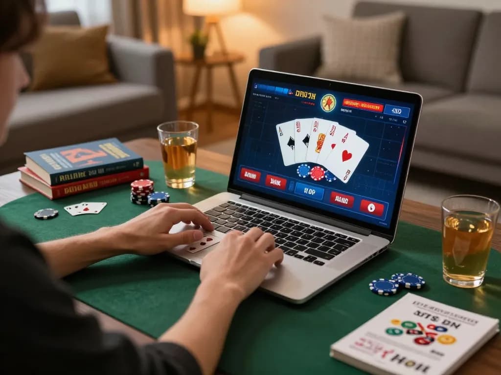 Engaged player strategizing poker games via the qqslot link in a cozy home setup