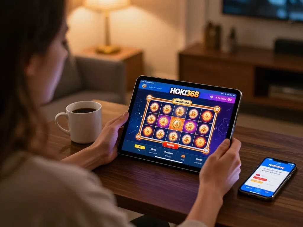 Pemain yang terlibat menggunakan HOKI368 untuk memutar reel pada permainan slot online yang berwarna-warni sambil menikmati suasana nyaman di rumah