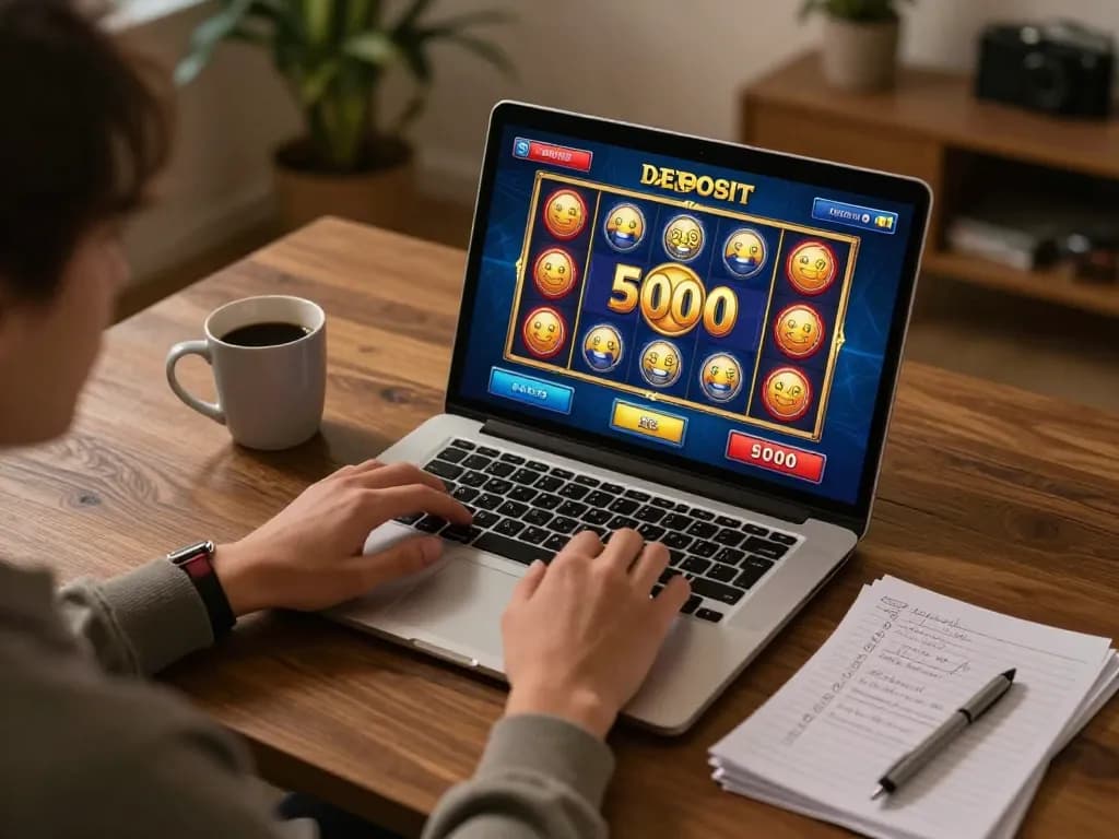 Pemain menikmati permainan slot deposit 5000 di laptop, fokus pada strategi perjudian online.