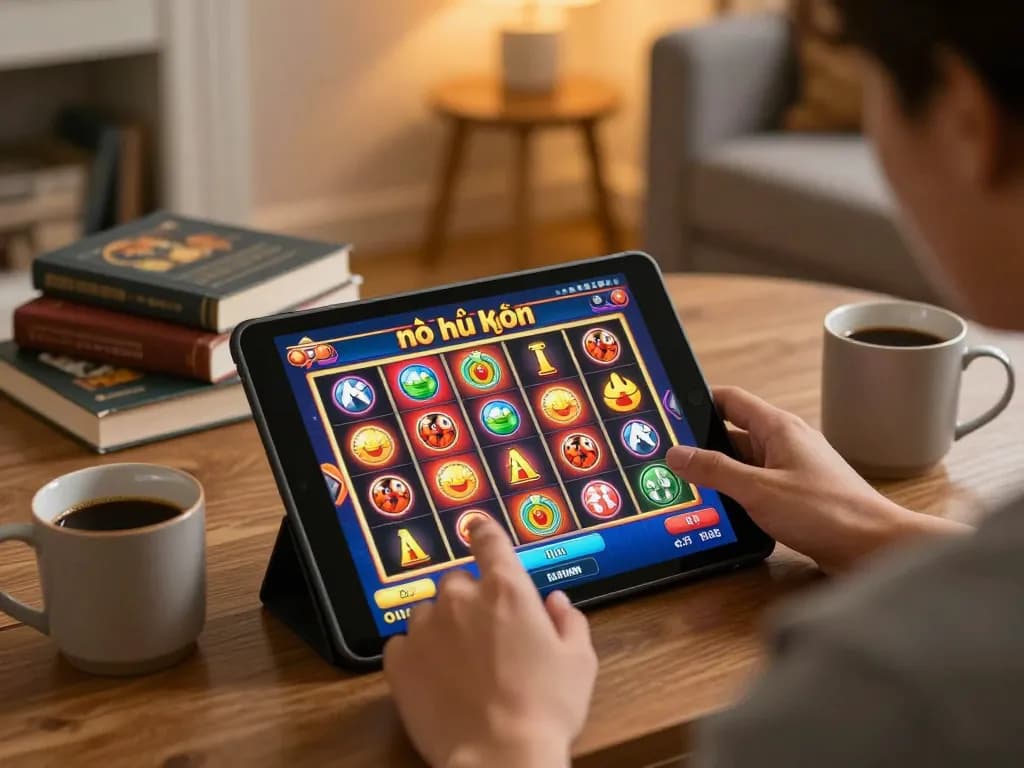 Nổ hũ đổi thưởng game displayed on a tablet while player spins reels in cozy home