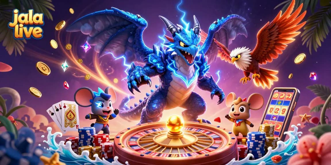 Experience thrilling jala live action with electrifying characters and casino elements in this vibrant illustration.