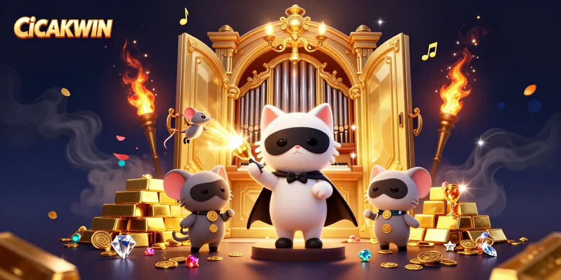 Mengikuti taruhan kemenangan di CICAKWIN dengan karakter kucing putih memainkan alat musik di kasino mewah, dikelilingi koin emas, dan berlian bersinar.