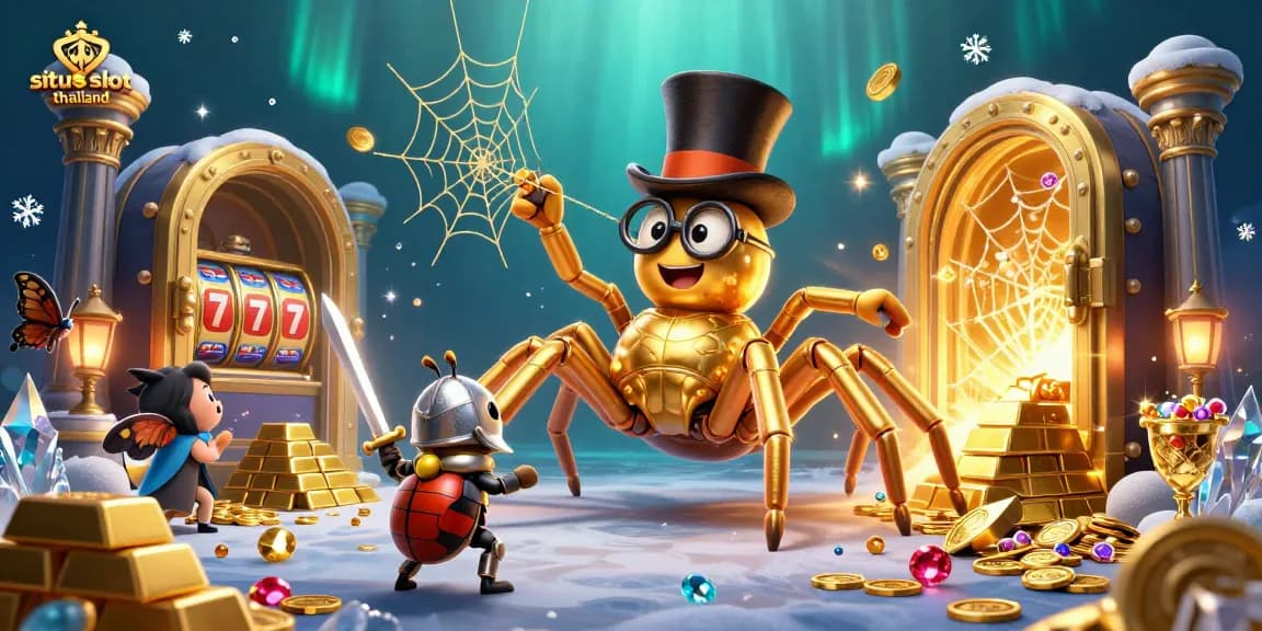 Situs slot thailand showcases a dynamic scene featuring a giant tarantula and beetle knight within a vibrant casino world.