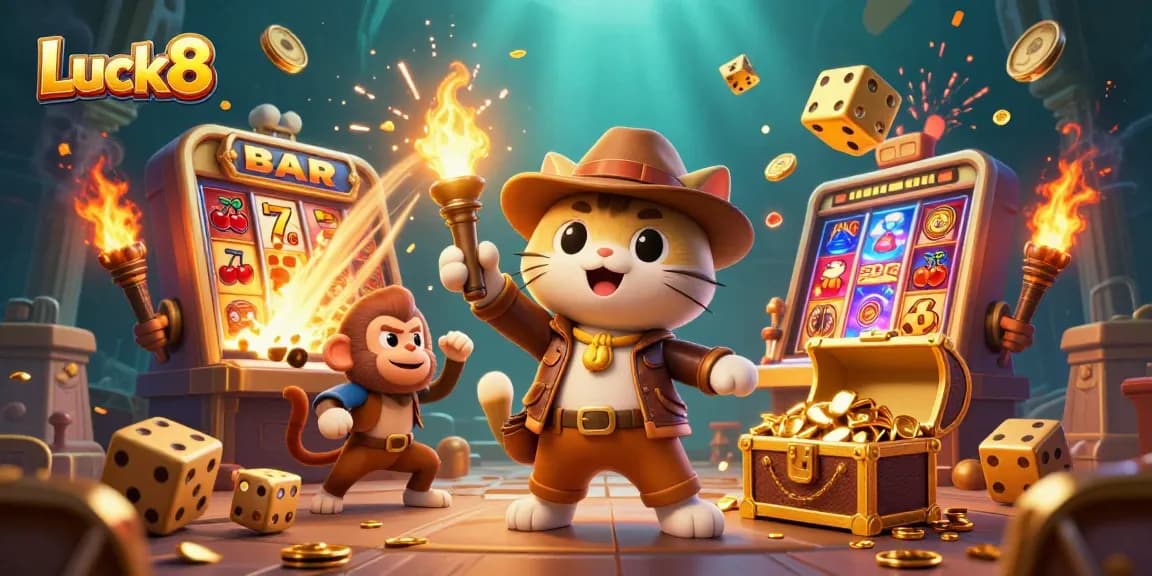 Experience thrilling gameplay at Luck8 with an archaeologist cat discovering golden casino treasures.