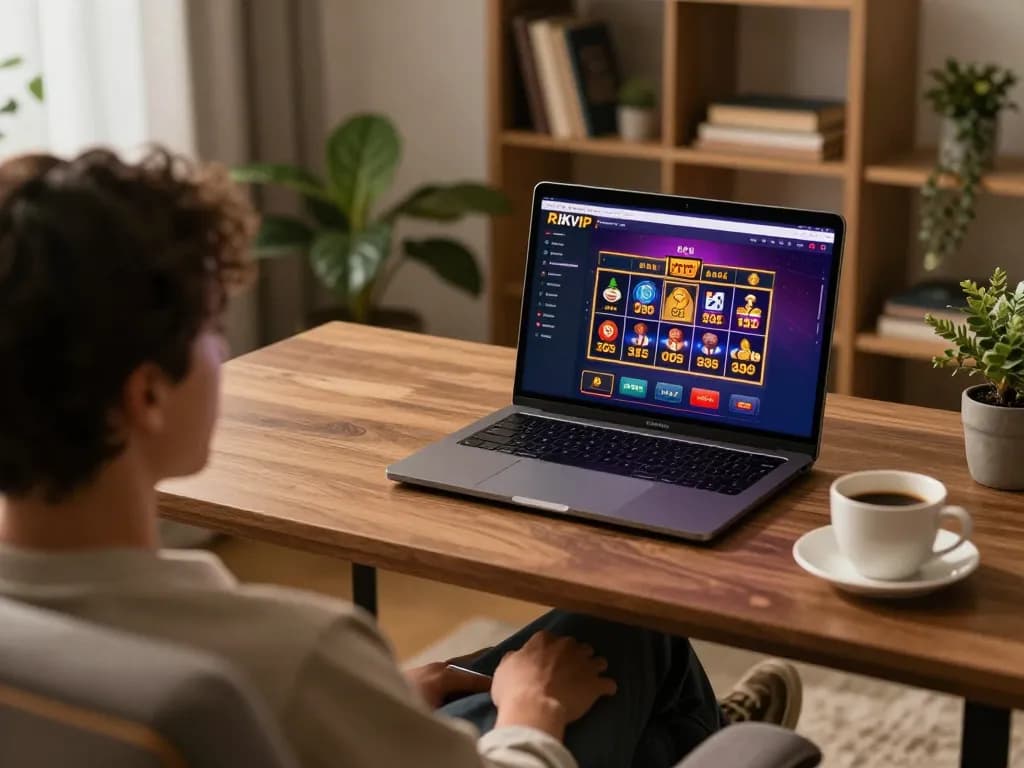 Person enjoying Rik vip gaming experience on a laptop in a cozy home setting