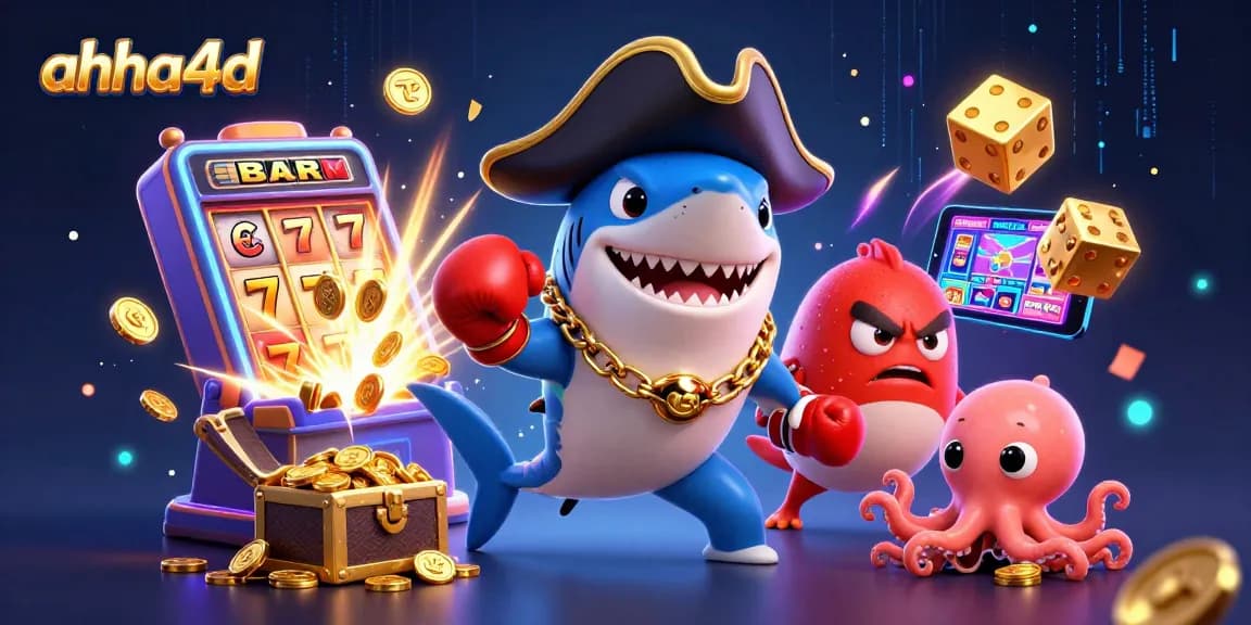 Engage with ahha4d’s dynamic casino adventure featuring a pirate shark, pufferfish, and octopus amidst vibrant slot action.