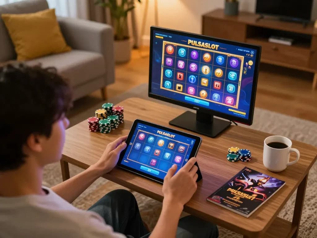 PULSASLOT gameplay on a tablet in a cozy living room, engaging players in online gambling.