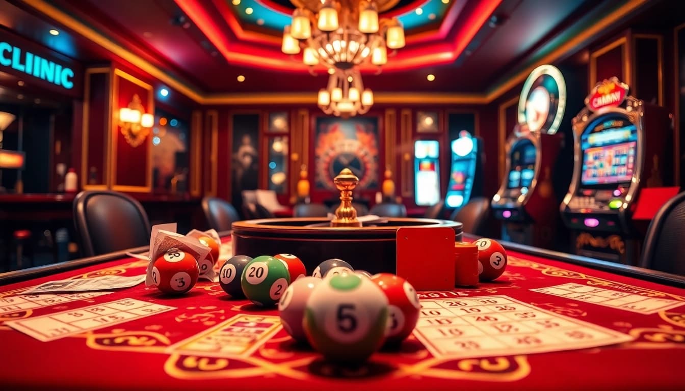 Kết quả xổ số hôm nay showcased in an upscale casino setting, featuring lottery balls and betting slips.