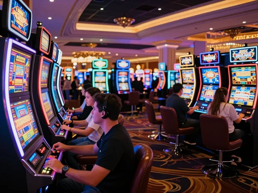 Experience the thrill of 90P gameplay on vibrant slot machines in a Las Vegas casino at night.
