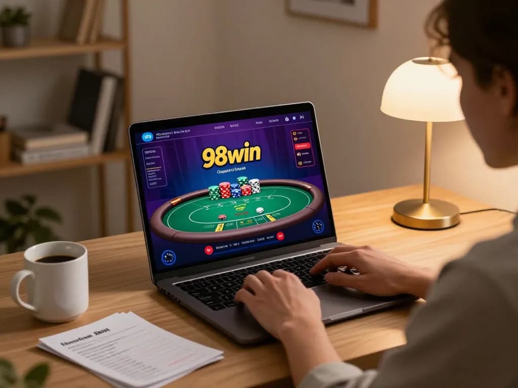 Engaging gameplay on game 98win displayed on a laptop at a stylish desk setup, warm lighting creating a cozy atmosphere.
