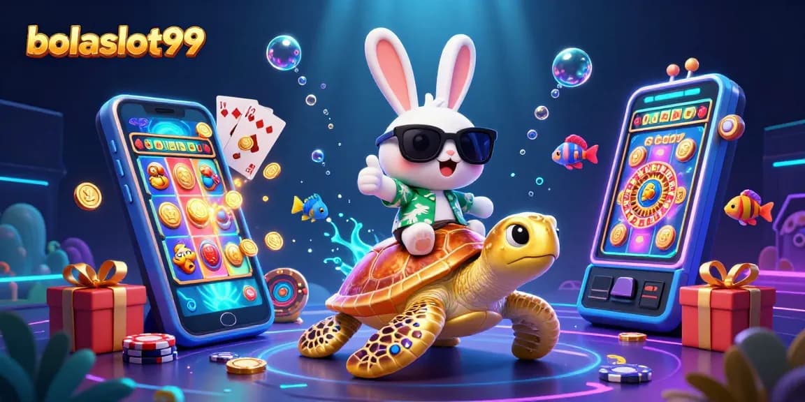 Experience vibrant slot gaming fun with bolaslot99 and lucky rabbit riding a sea turtle.