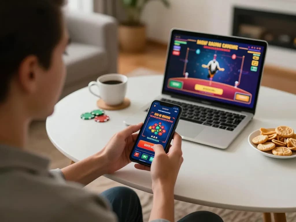 kuwin user engaging in mobile gambling with smartphone in a cozy living room