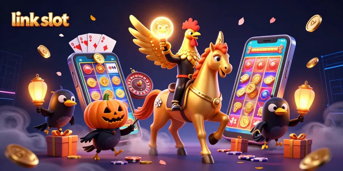 Spin vibrant link slot games with a golden rooster and magical elements in a bustling casino scene.