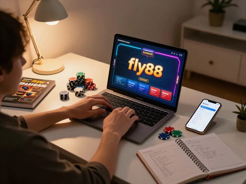 Engaging fly88 online gaming moment showcasing a player's laptop, chips, and strategy notes.