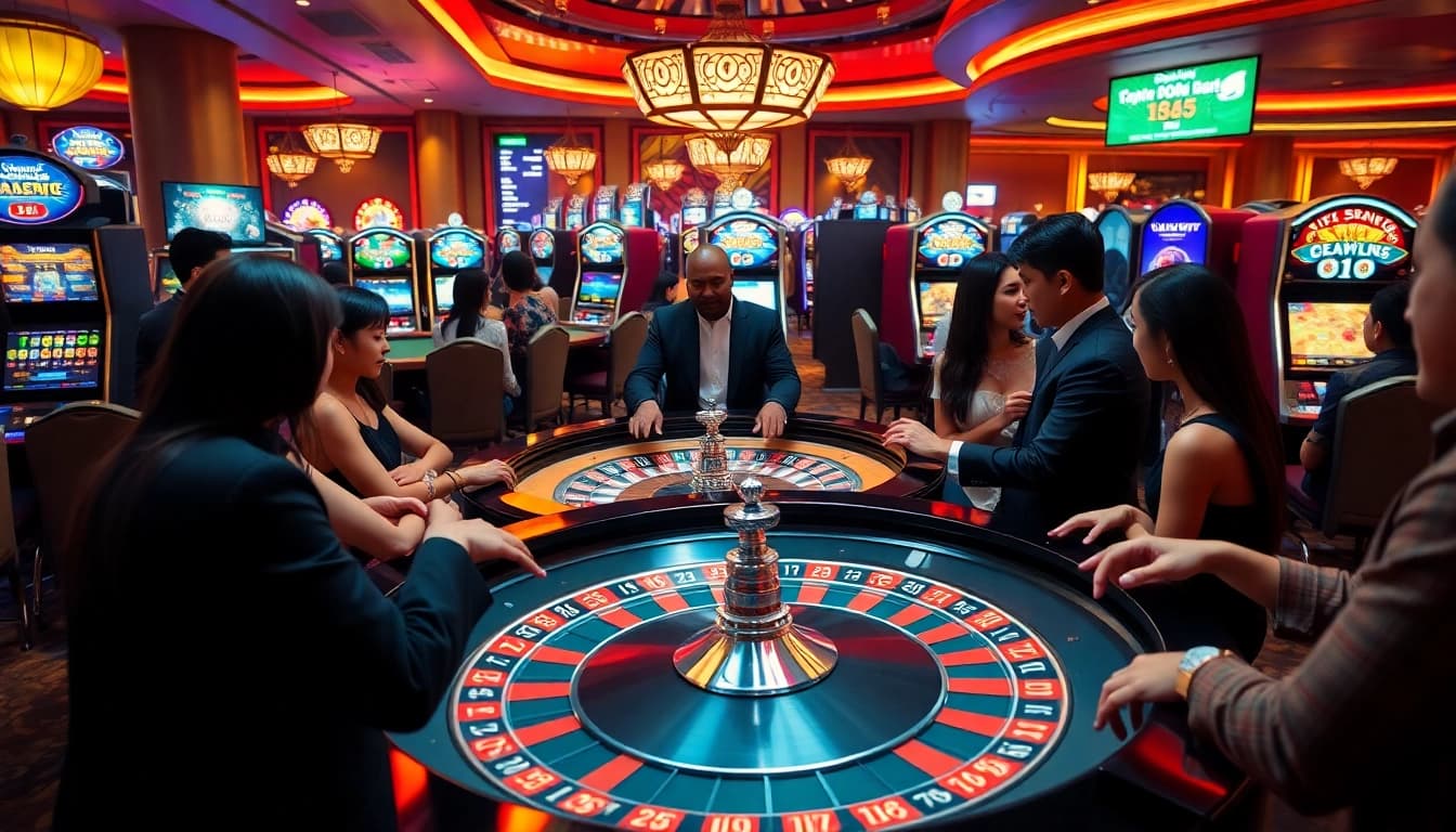 Rasakan sensasi 'datukwin alternatif' dengan visual kasino yang hidup menampilkan roulette dan mesin slot.