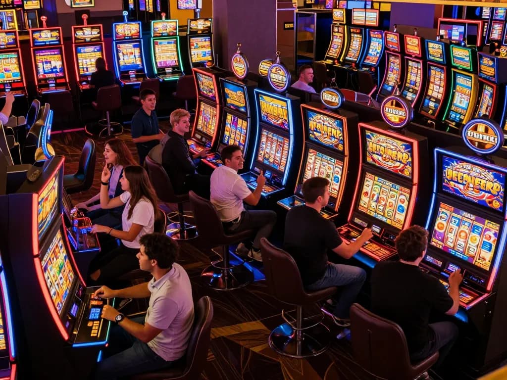 Players enjoying the vibrant Menu of slot machines in a lively casino atmosphere.