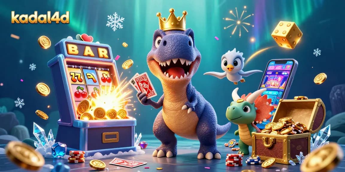 Kadal4d menghadirkan ilustrasi 3D kartun dengan karakter dino yang ramah sedang bermain slot dan mengumpulkan koin.