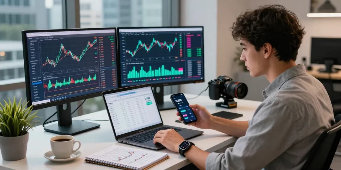 Seorang profesional muda dengan aplikasi UE99 di smartphone, fokus pada analisis pasar crypto di monitor modern.