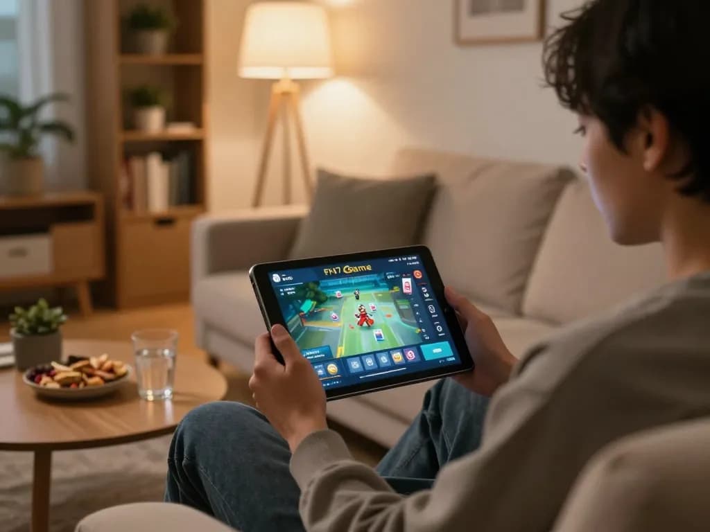 Engaging with the FN7 game on a tablet during a cozy evening gaming session