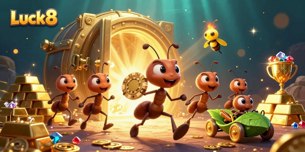Engage in thrilling adventures with Luck8 as clever ants steal a giant poker chip in this vibrant casino illustration.
