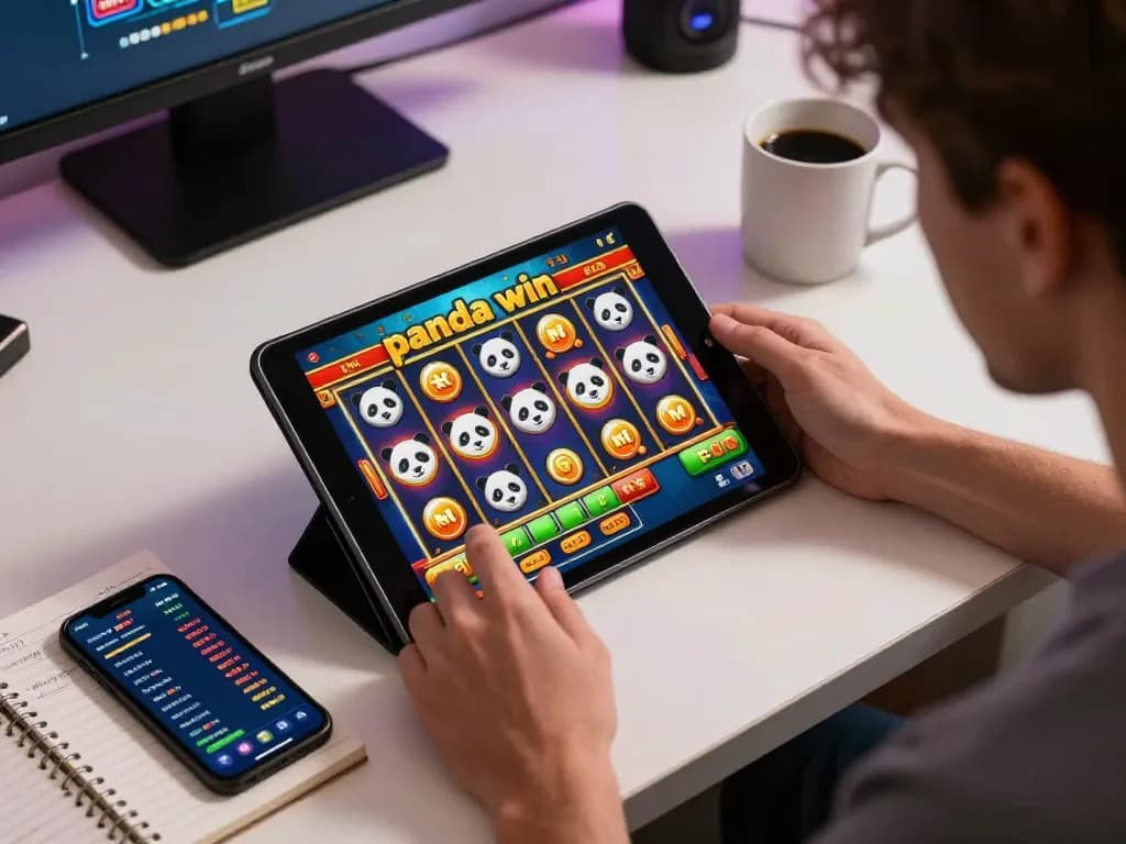 Tindakan panda win di tablet yang menunjukkan permainan slot menarik dengan grafis berwarna-warni dalam pengaturan permainan online yang nyaman.