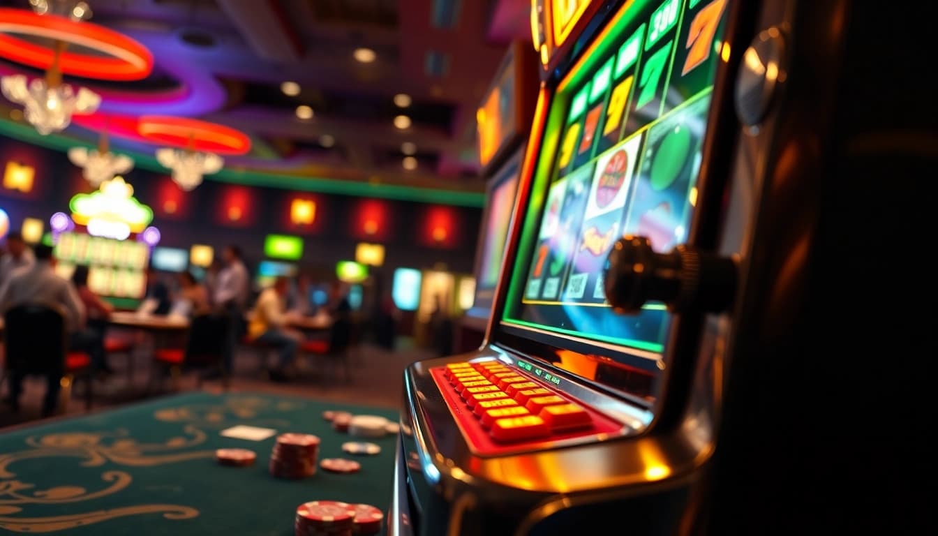Excited player engaged with link slot gacor machine in vibrant casino scene.