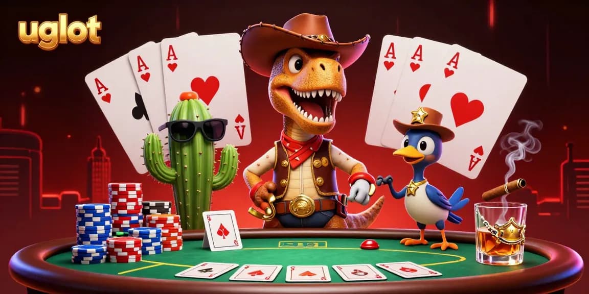 Experience thrilling moments with UGSLOT as a dinosaur cowboy plays at a vibrant casino table.