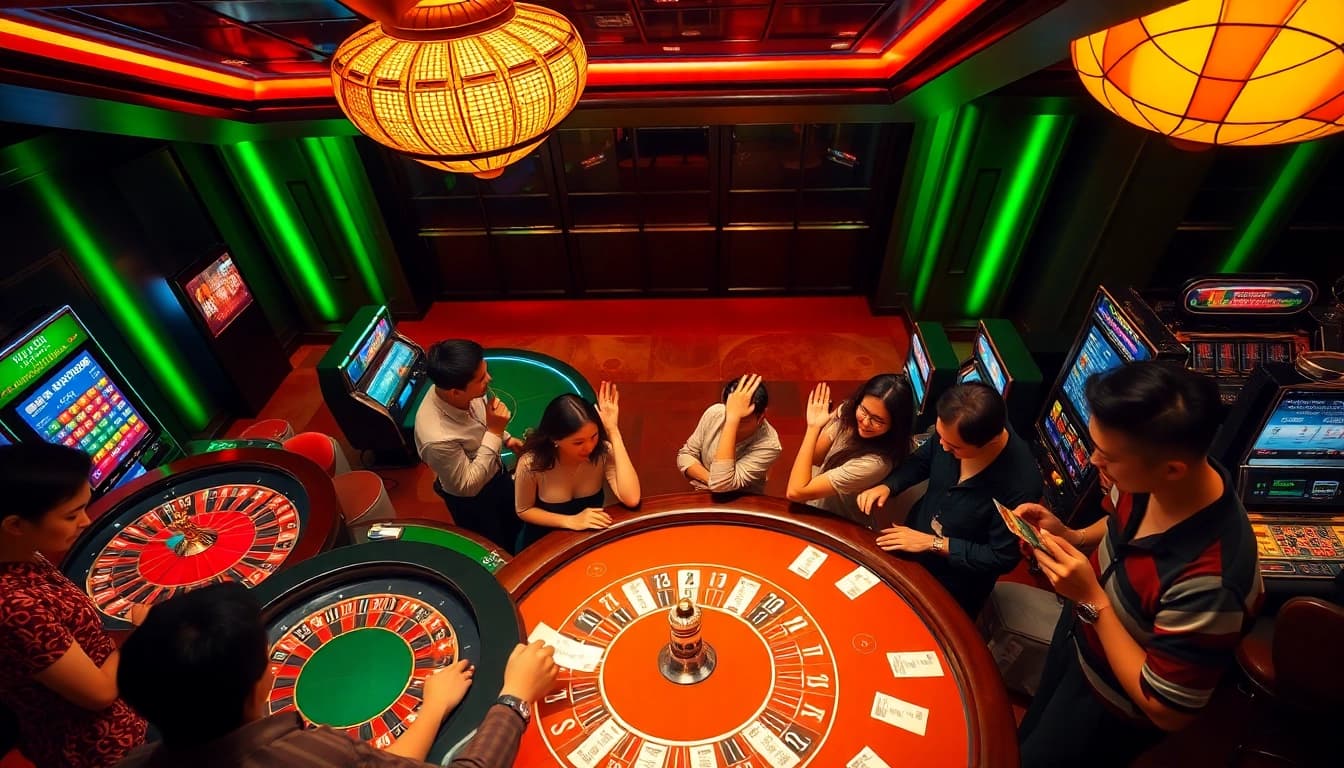 Xổ số 3 miền hôm nay illustrated at a vibrant casino with players excitedly checking lottery tickets.