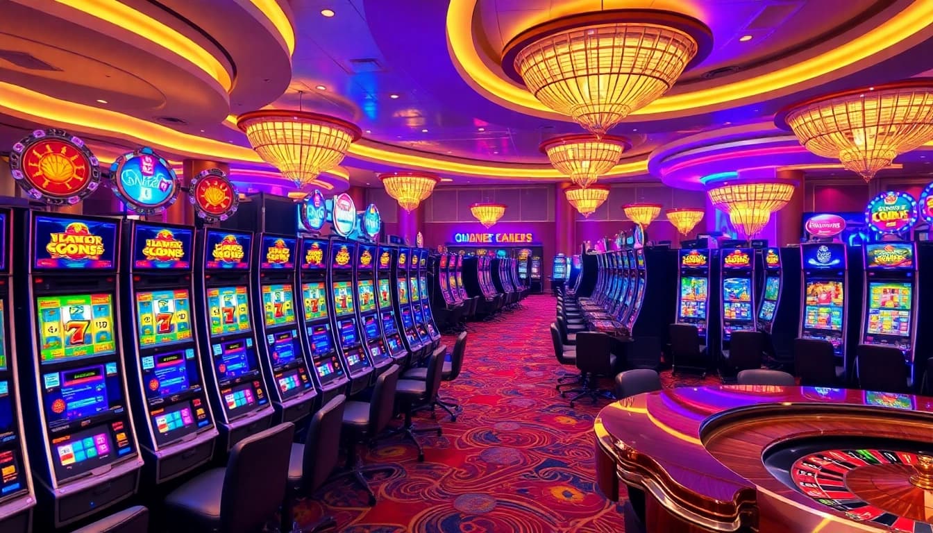 Engaging demo slot machines lighting up a luxury casino environment, showcasing vibrant colors and winning moments.