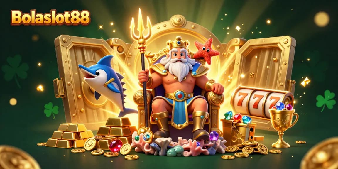 Bolaslot88 offers a vibrant 3D illustration of Neptune with gold treasures and spinning slot reels.