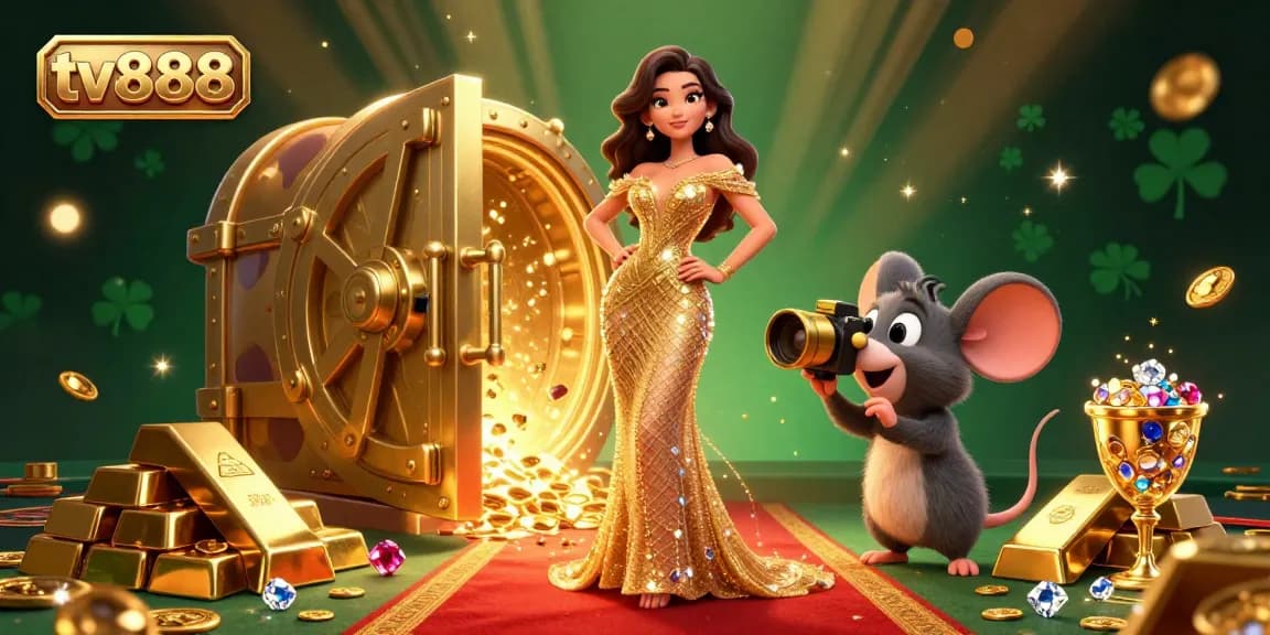 Experience thrilling games at tv888, featuring a glamorous woman and vibrant casino elements in a dazzling scene.