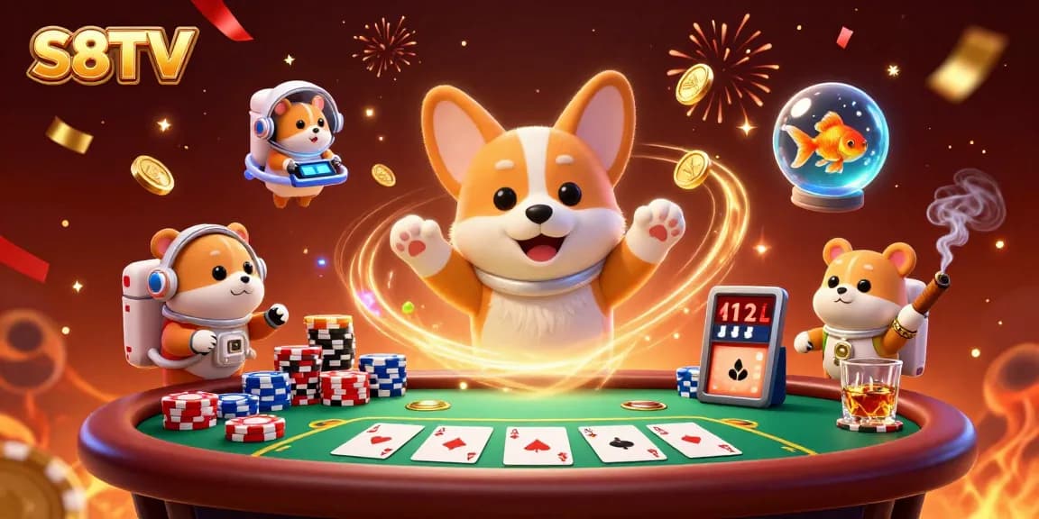 S8TV showcases a dynamic scene of a 3D cartoon astronaut corgi in a casino, floating poker chips and festive energy