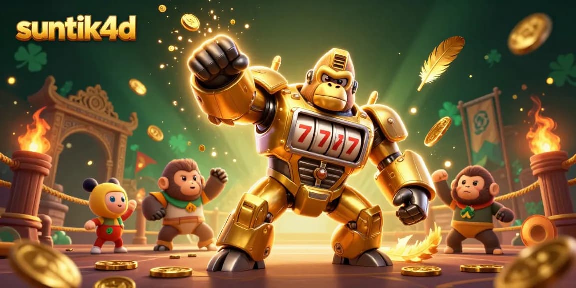 Suntik4d menampilkan gorila emas yang terbuat dari bagian mesin slot dengan angka tujuh di tengahnya, memunculkan momen jackpot yang mendebarkan.