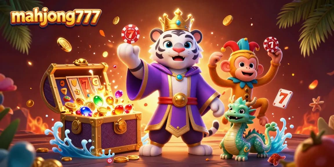 Play and win at mahjong777 with a dynamic scene featuring a tiger and monkey in a vibrant casino setting.