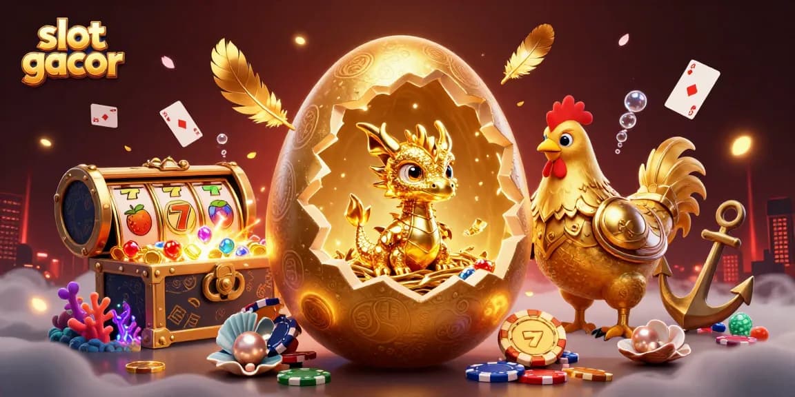 Gambarkan slot gacor dengan ilustrasi 3D yang menampilkan naga kristal emas dan chip poker.
