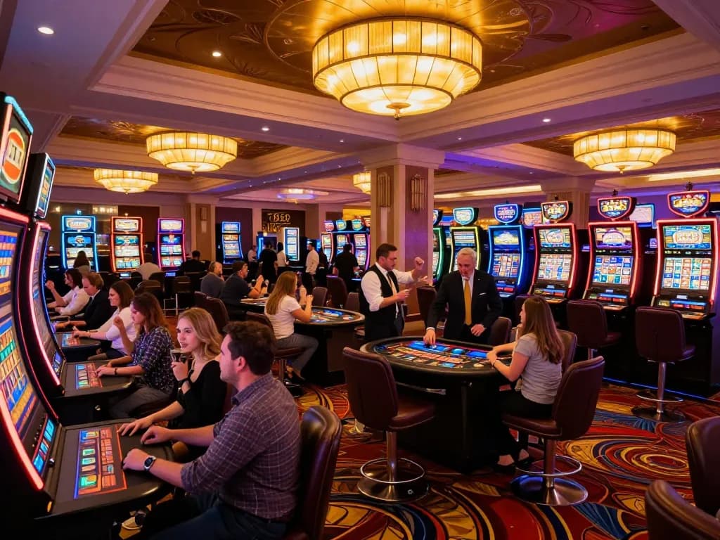 Người chơi câu lạc bộ B52 ăn mừng chiến thắng tại những máy slot sống động trong không gian sòng bạc cao cấp.