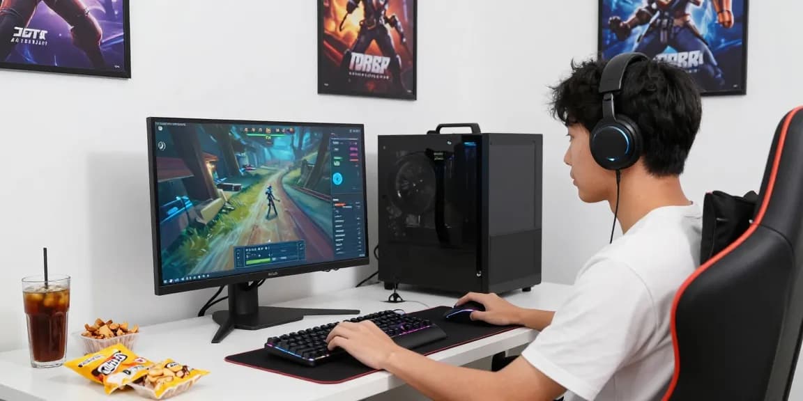 Pengguna sulap 338 menikmati permainan online dengan fokus tinggi sambil dikelilingi oleh perangkat gaming modern.