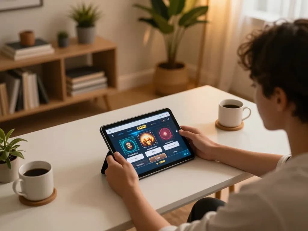 TẢI GO88 on a tablet screen while enjoying a cozy home gaming setup, highlighting responsible entertainment.