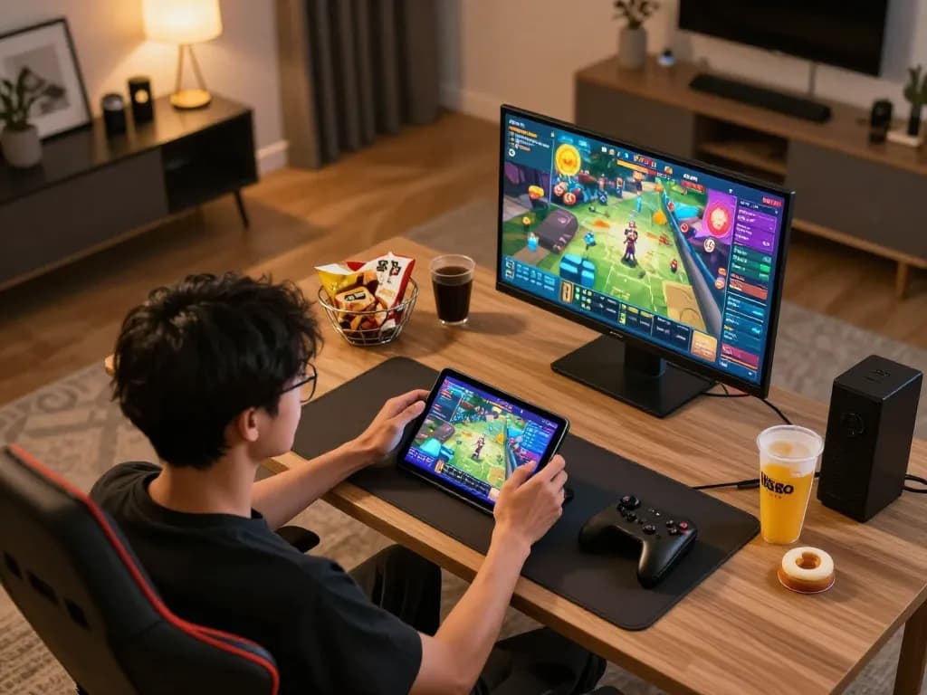 Thưởng thức gameplay tại Go 88 trên máy tính bảng trong một không gian ấm cúng với đồ ăn nhẹ và ánh sáng ấm áp.