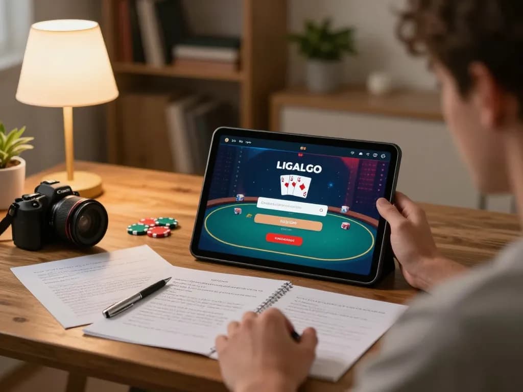 LIGALGO Login screen on a tablet with a player focusing on strategic online poker gameplay in a cozy home setting.