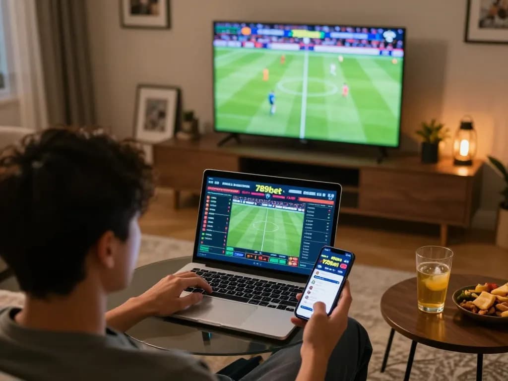 Experience live sports betting excitement with 789bet on a modern setup featuring a laptop and smartphone.
