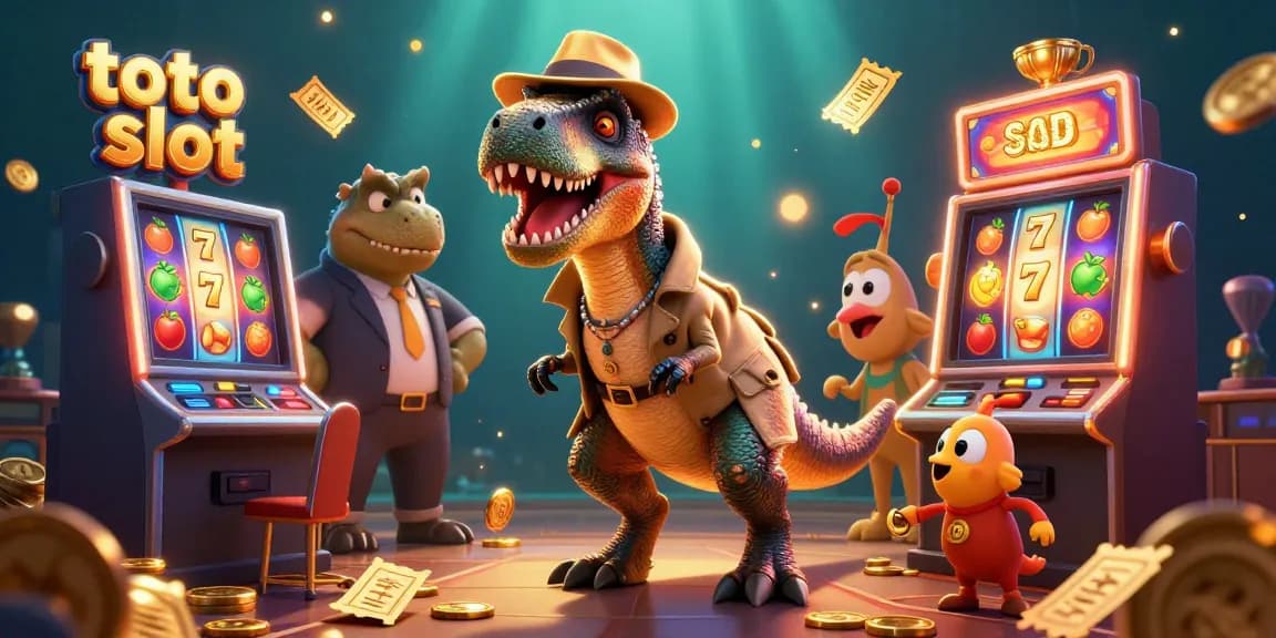 Menangkan toto slot dengan raptor yang menghitung kartu di mesin slot yang dikelilingi koin dan simbol keberuntungan.