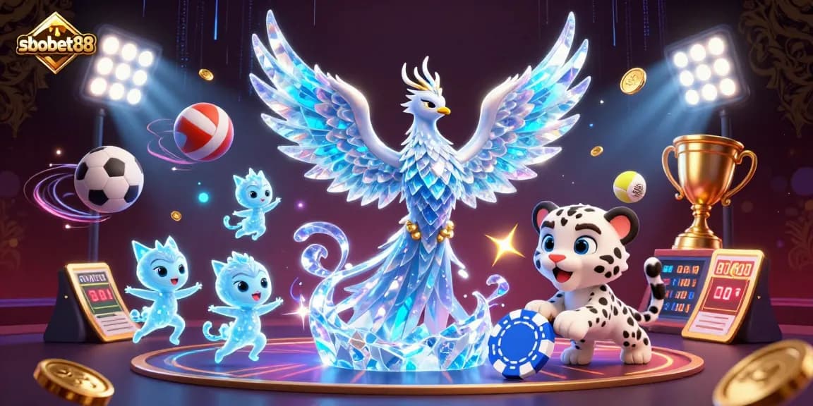 SBOBET88 sports betting scene featuring an ice phoenix, leopard cub, and glowing sprites amidst dynamic game elements.