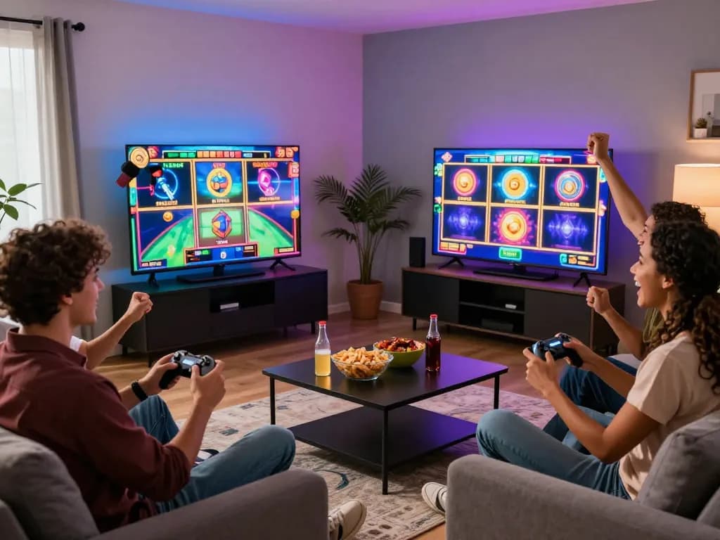 Teman-teman menikmati malam permainan slot online VIRUS88 yang mendebarkan di ruang permainan yang penuh warna.
