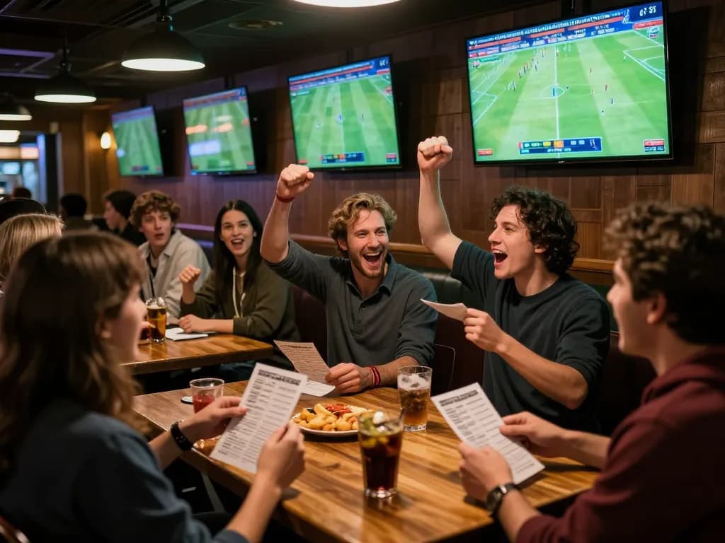 Vuasanco sports betting excitement at a lively sports bar with multiple screens showcasing live matches