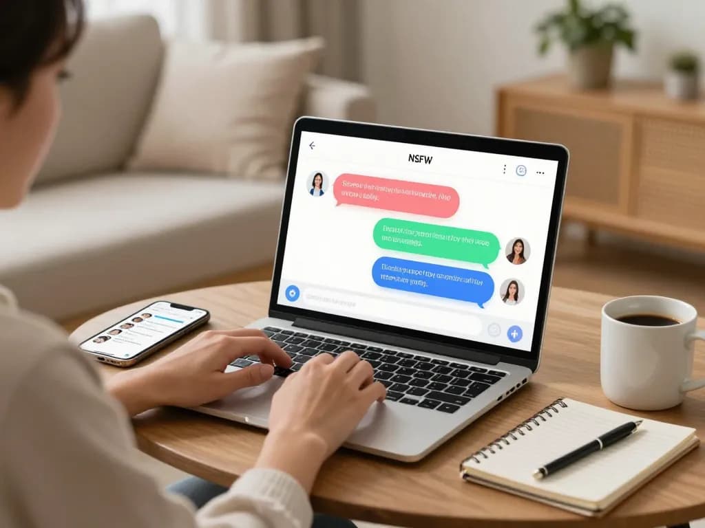 Engaging ai 18+ chatbot interaction scene with colorful chat bubbles in a cozy environment.